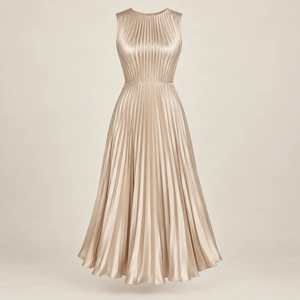 Aster Pleated Midi Dress in champagne, clothing product photograph