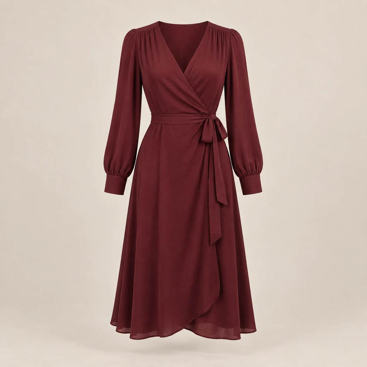 Orla Wrap Dress in burgundy, clothing product photograph