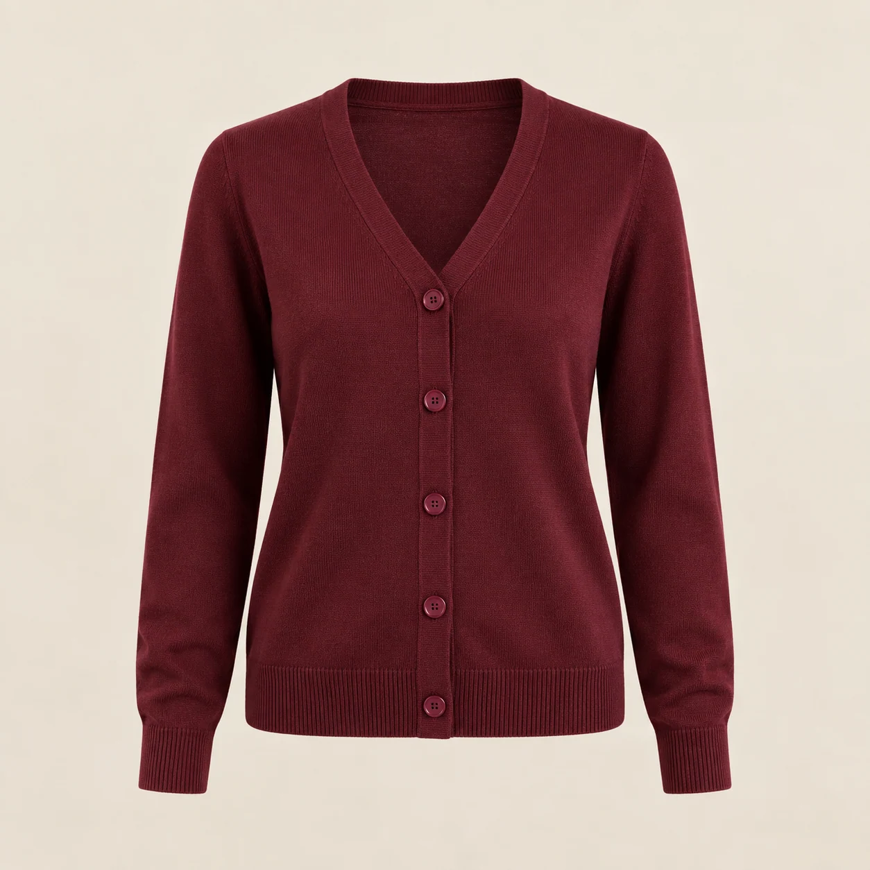 Vesper Button Cardigan in burgundy, clothing product photograph